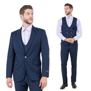 Mens 3pc Suit Navy w/ Double Breasted Vest by Tazzio